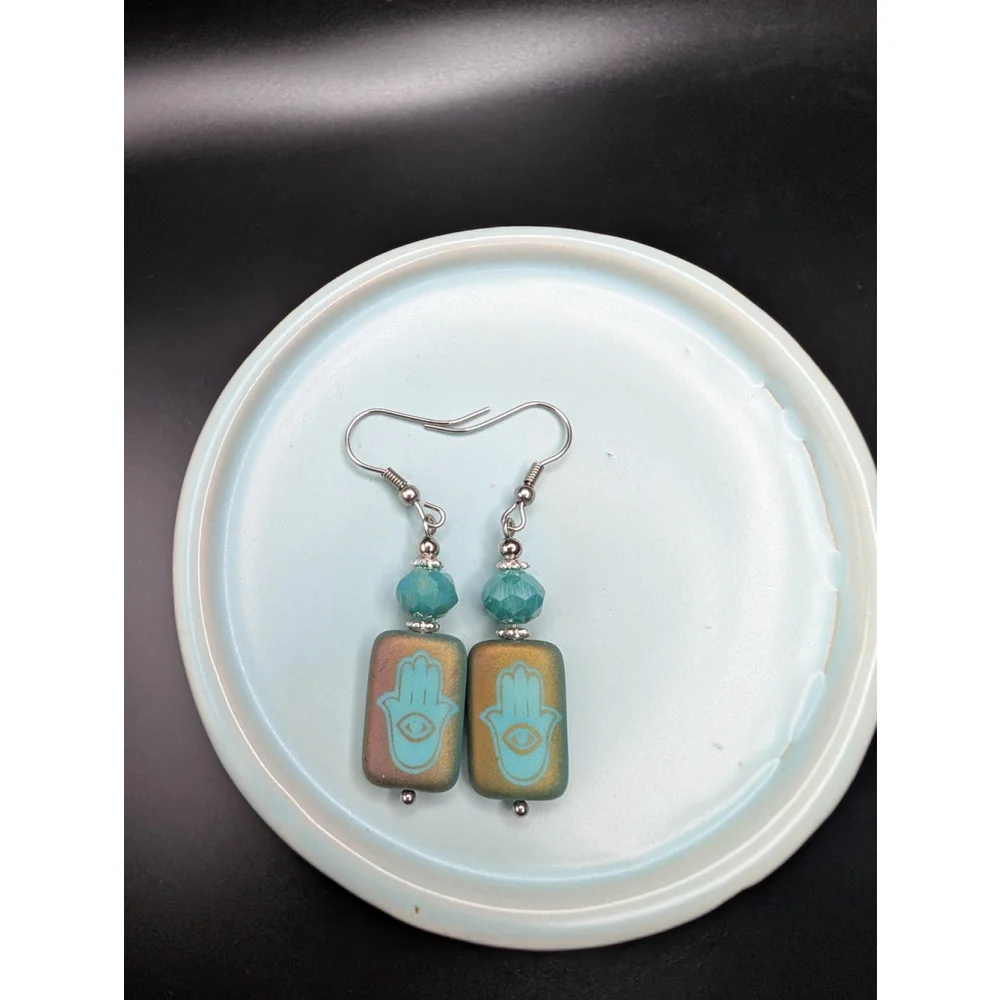 Iridescent Czech Glass Hamsa Dangle Earrings: Stainless Steel Hooks